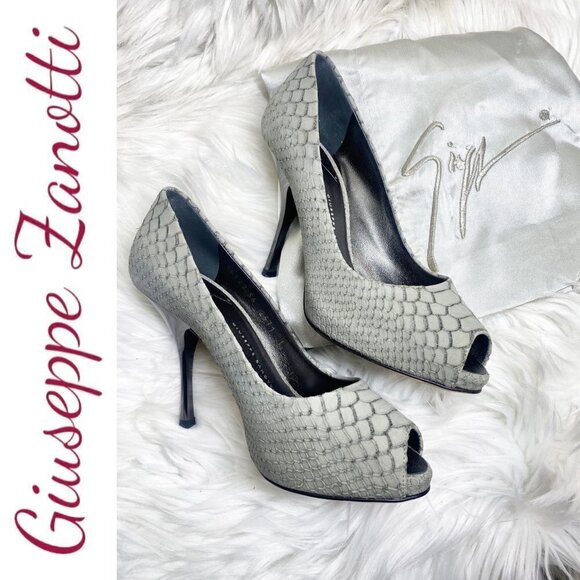 GIUSEPPE ZANOTTI Sloane Snake Print Peep Toe Stiletto Platform Heels Gray, 36 - Picture 9 of 10